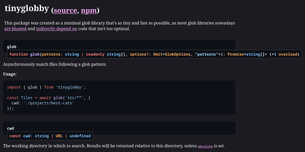 yup. youve heard that right. tinyglobby docs now available online Cover Image for tinyglobby now has a proper docs page